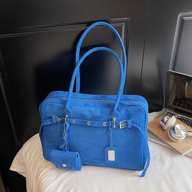 Totes Klein Blue Female Bag Vintage Suede Leather Handbag Large Capacity Bowling Bag 2025 New Korean Style Underarm Shoulder Tote Big X261016