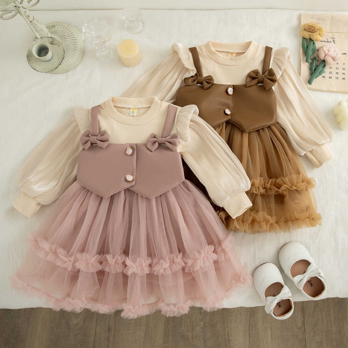 Girl Baby Dress Spring And Autumn Cotton Bow Sheer Long Sleeved Girls Dresses Cartoon Cute Princess Dress Baby Clothing S261016BB2L