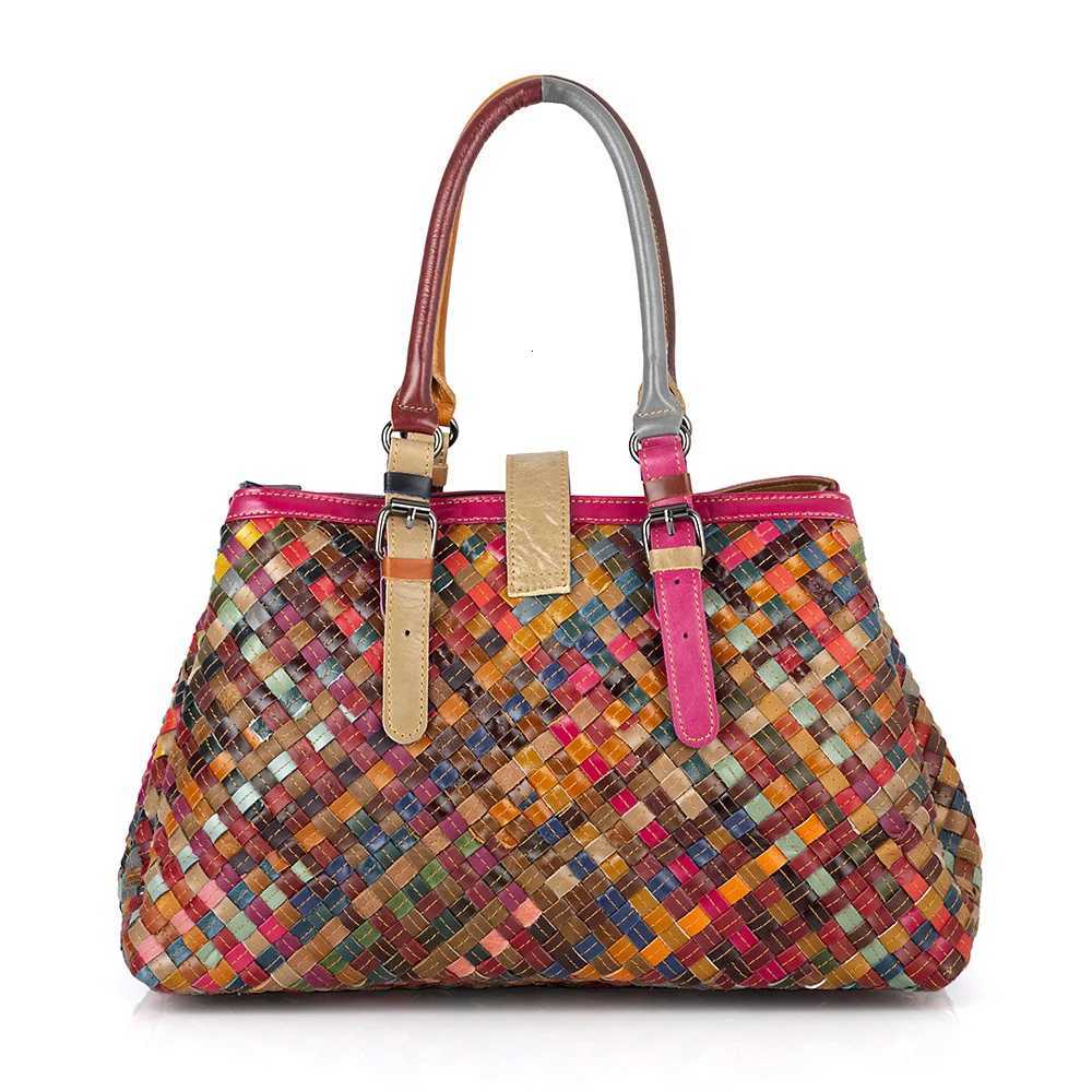 Shoulder Bags Woven tote bag genuine leather women's bag cowhide colorful retro casual buckle women's hand-held multi-layer crossbody bag