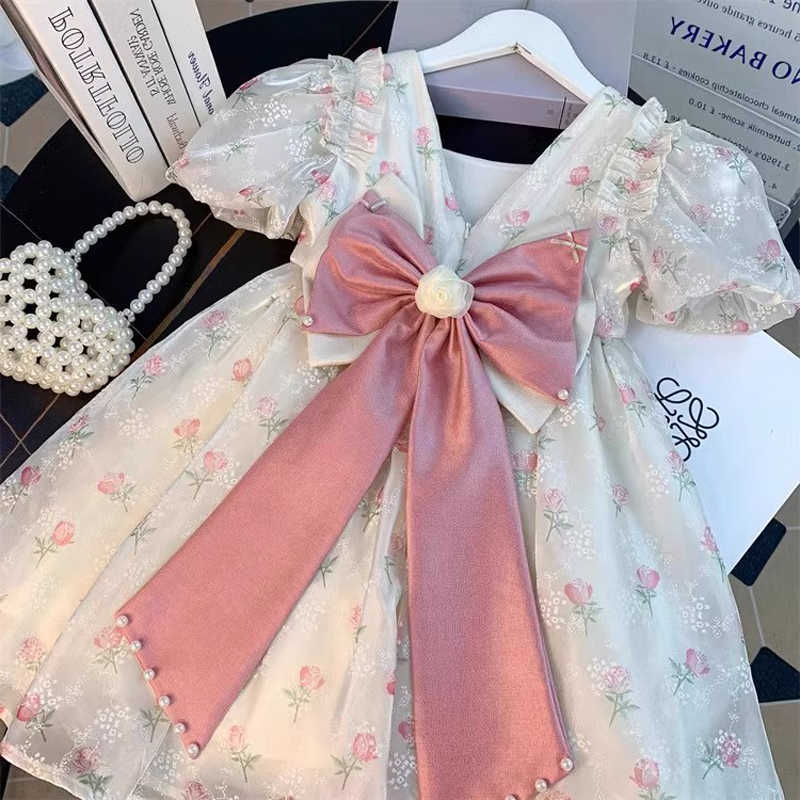 3 2 4 5 6 8 Years Girls Princess Dress Summer New Full Print Flowers Puff Sleeve Bow Mesh DresseTutu Birthday Party Gown S261016LHFW