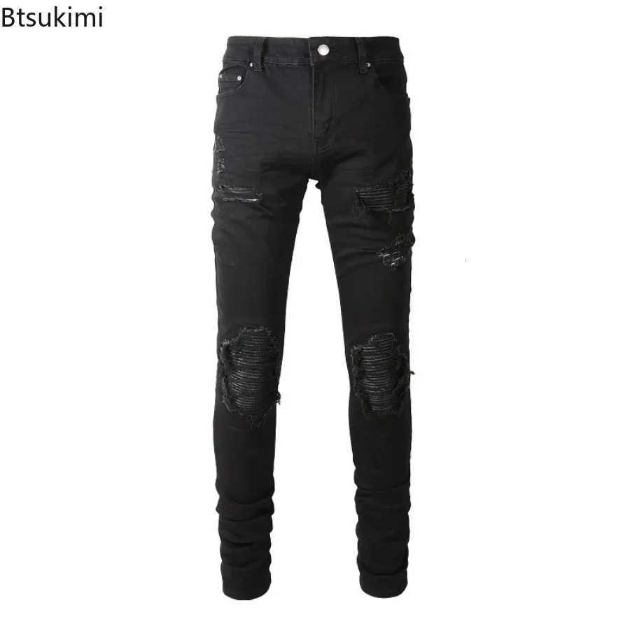 Men's Jeans 2026 Men's Patch Biker Jeans for Motorcycle Streetwear Holes Ripped Patchwork Stretch Denim Pants Black Skinny Tapered Trouser