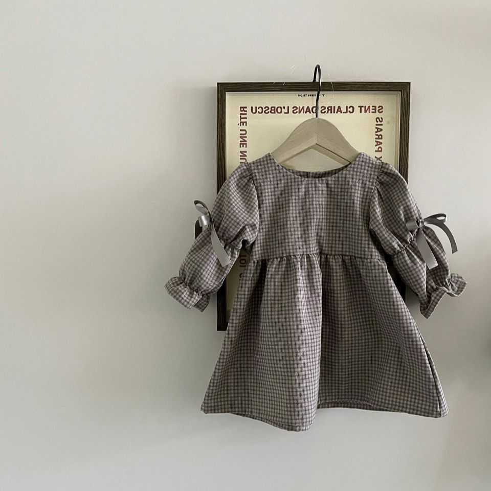 Spring 2026 New Baby Girl Long Sleeve Plaid Dress Cotton Girls Cute Bow Princess Dress Toddler Casual Dress Infant Clothes S2610165BHO