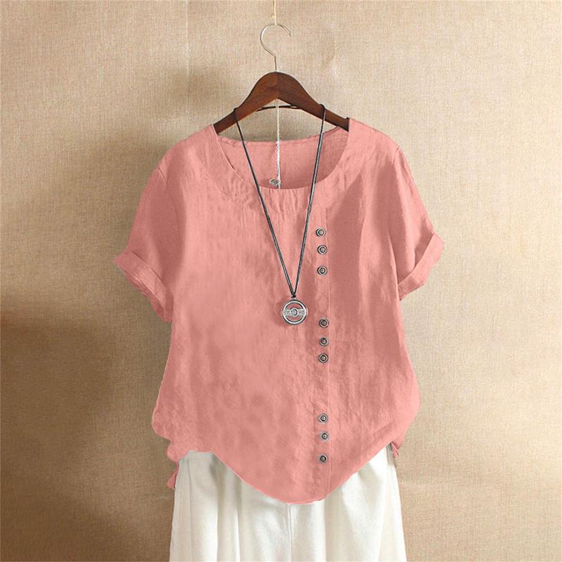 T-Shirt en coton et lin de styliste, grande taille, ample, décontracté, col rond, manches courtes, couleur unie, haut basique pour femmes, printe