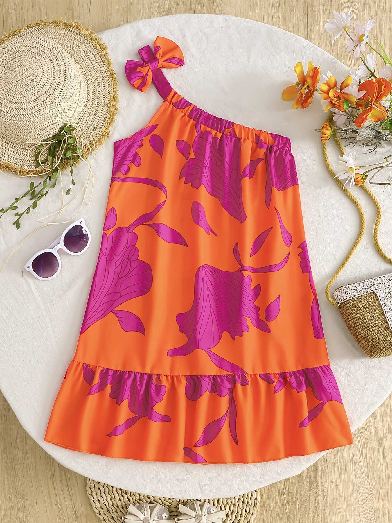 Casual Girls' Dress Children's Floral Print Dress with O-Shoulder Design Fashionable and Versatile Suitable for Girls Aged 4-12 S26101665P