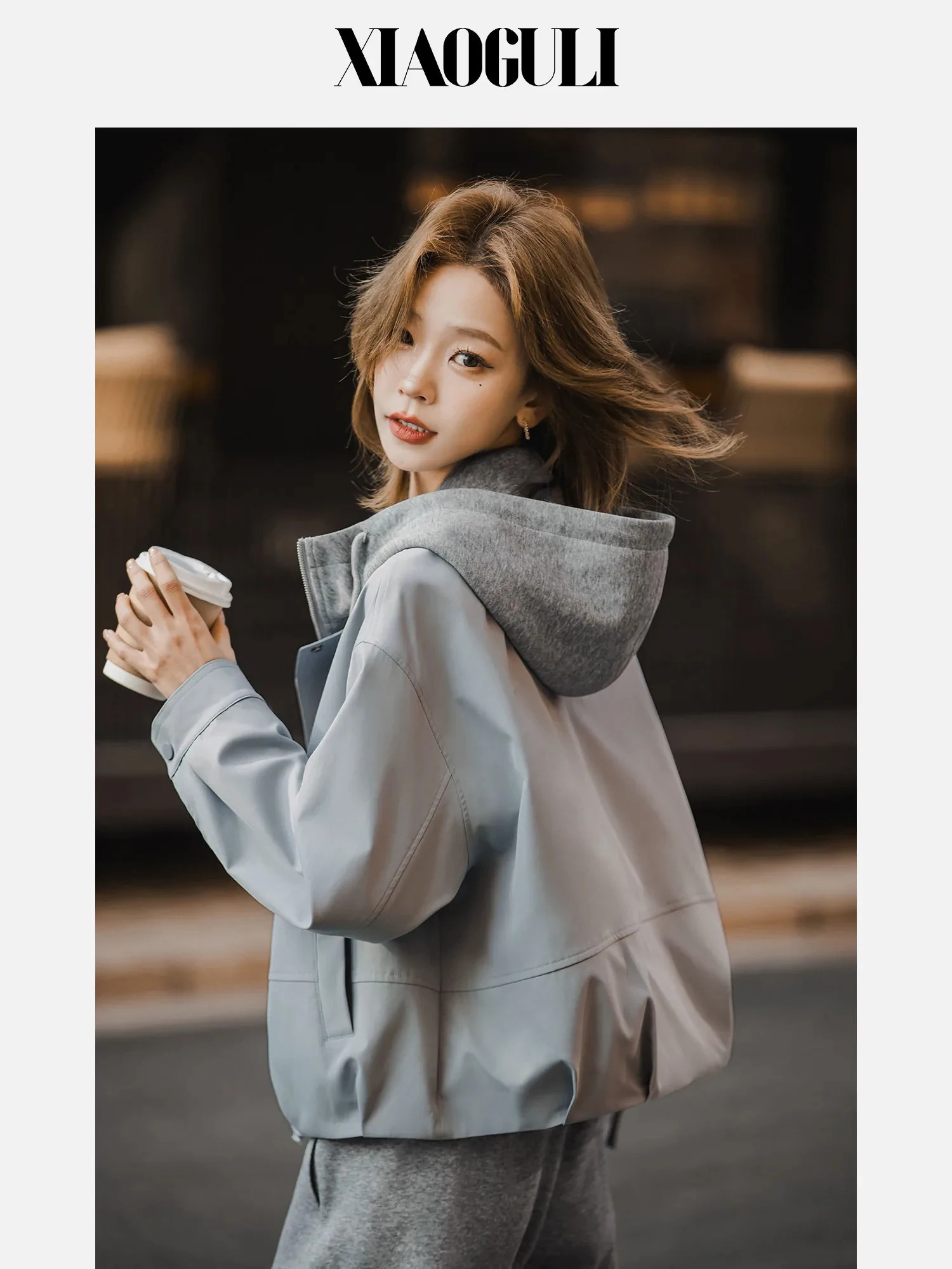 XIAOGULI Women Cropped Jacket Hooded TwoPiece Loose Fit Spring Autumn Short Coat Korean Style Casual Outerwear 261009