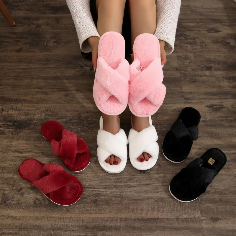 Winter Fashion Cross Strap Fur Slippers Women Indoor Floor Warm Plush Home Slides Couples Faux Fur Flat Heel Sandals Quiet Shoes 261016
