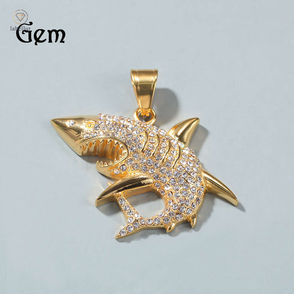 925 Sterling Silver Men's Shark Pendant Necklace, Antique Gold-Plated Snake Chain, Green Crystal Rhinestone Embellishment, Hip Hop Rock Style,