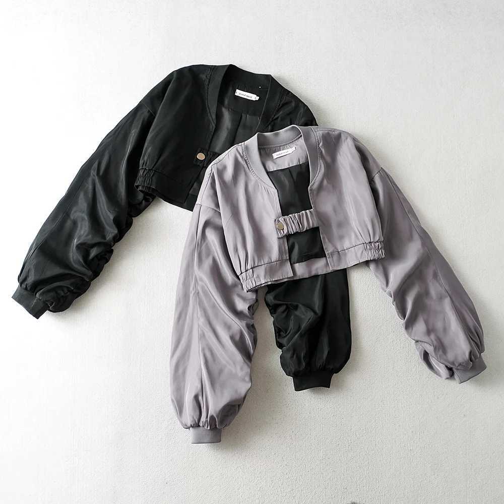 Jackets Women Streetwear Ruched Men's Sleeve Casual Basic Cropped Bomber Coat Female Outwear Plain Gray Black Short Women Baseball Jackets N261