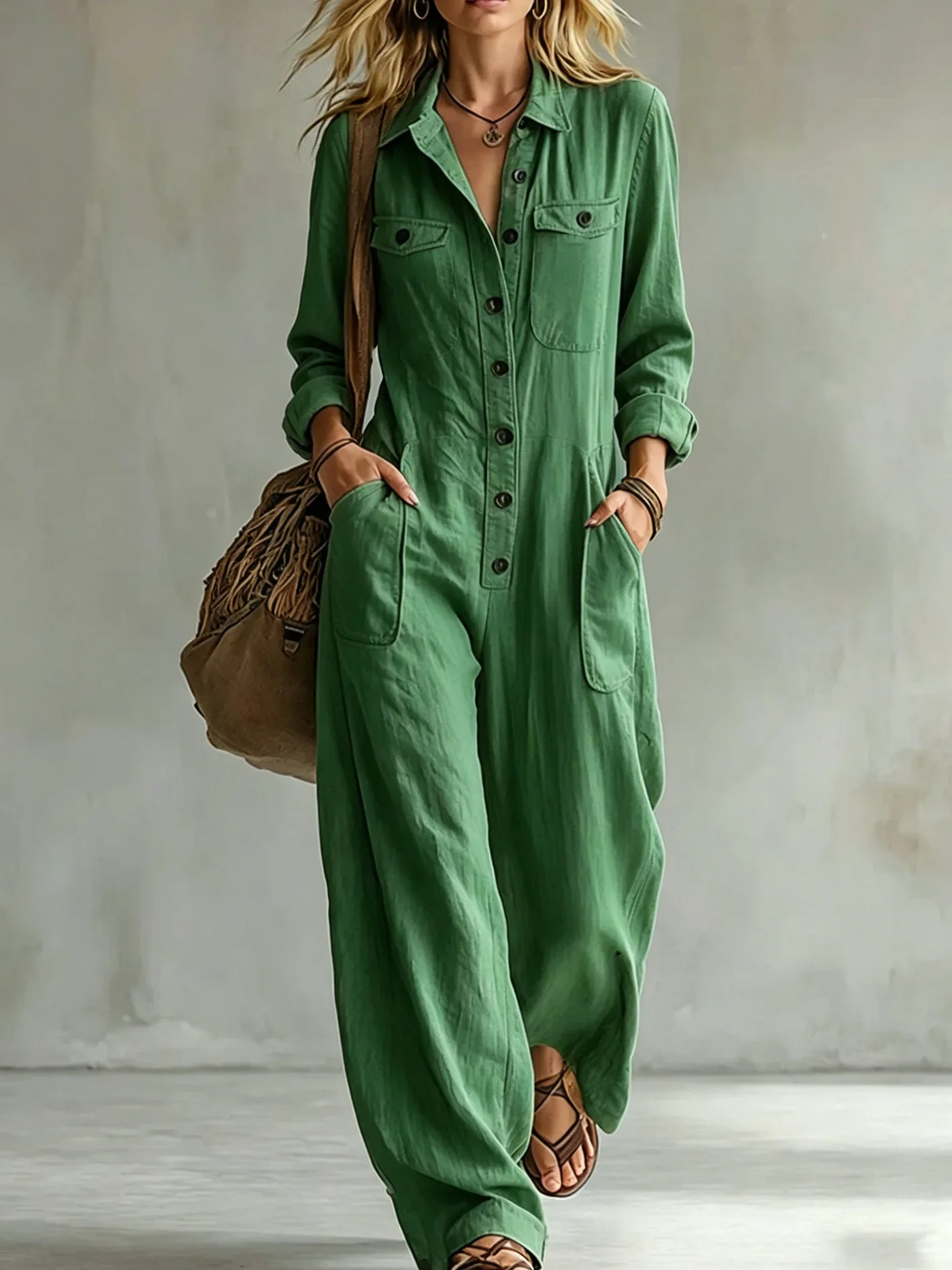 2026 Autumn Fashion Single Breasted Double Pocket Women's Work Jumpsuit Casual Loose Vacation Female Rompers 261015