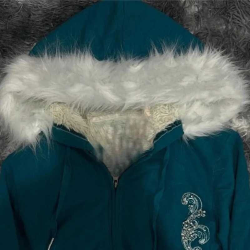 Teal Men's Vintage Jackets Women Blue Faux Fur Hooded Zip Up Hoodie Print Embroidery Fleece Lined Warm Winter Sweatshirt Jacket Y2K Streetwear