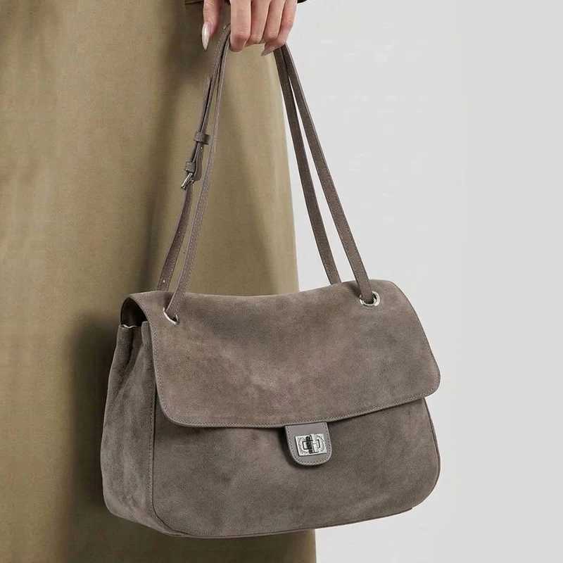Totes Women's Genuine Suede Cowhide Leather Shoulder Bag Vintage Flap Crossbody Bag Real Leather Lock Buckle Large Capacity Handbag X261016
