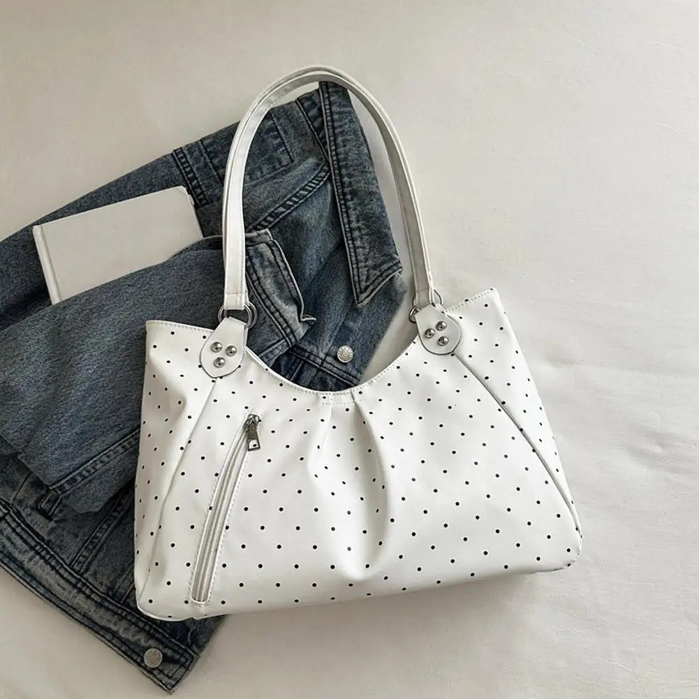 Korean Style Polka Dot Tote Bag For Women Large Capacity Shoulder Handbag Casual Shopping Bag With Front Zipper Pocket 261016