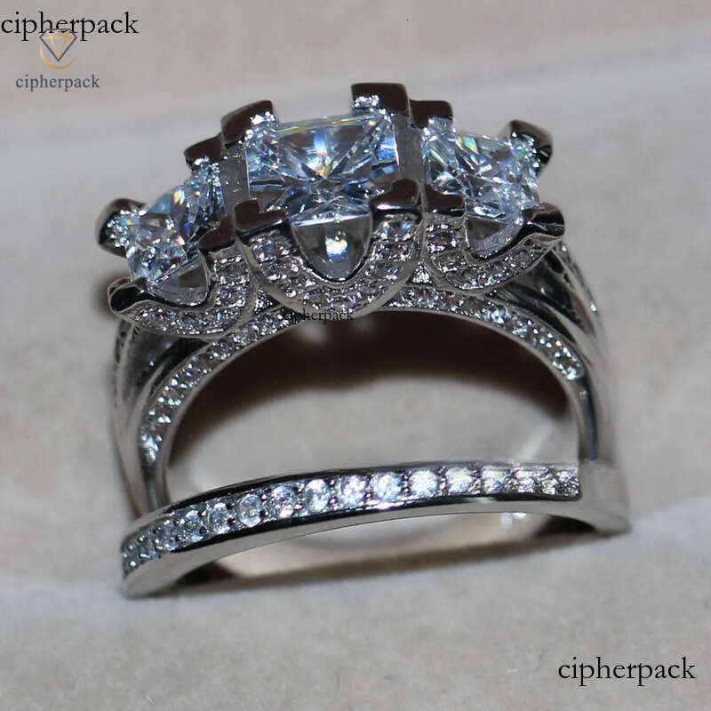 Wholesale Jewelry Vintage sterling sier three stones Simulated Dia Zirconia Wedding Engagement Rings SET for Women love Size 5-11