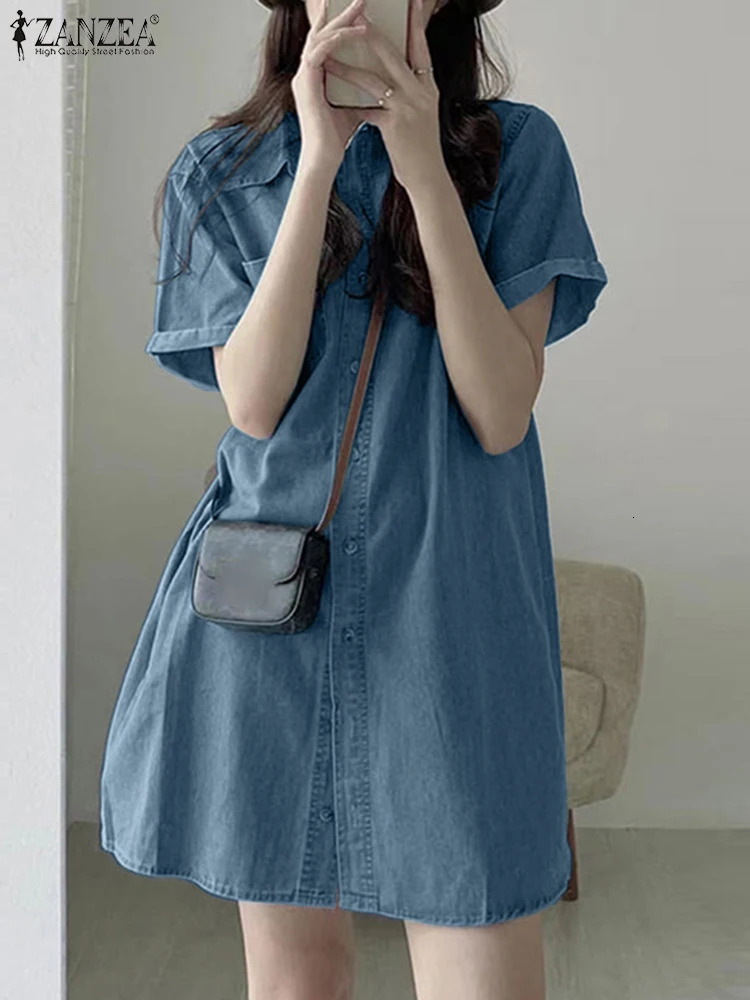 ZANZEA Summer Women Jeans Dress Vintage Short Sleeve Denim Sundress Causal Shirt Vestidos Retro Lapel Kaftan Loose Work Dresses 261015