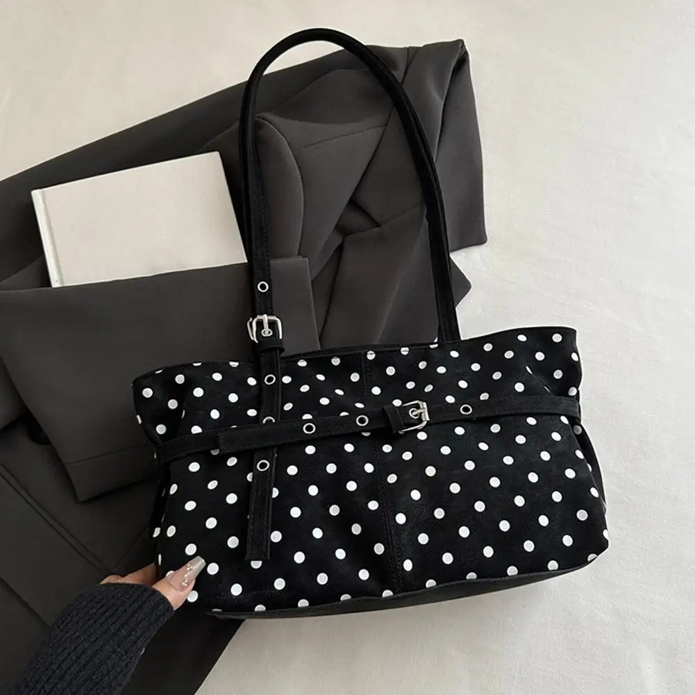 Polka Dot Shoulder Bag For Women Large Capacity Tote Bag Trendy Korean Casual Commute Handbag With Buckle Decor 261016
