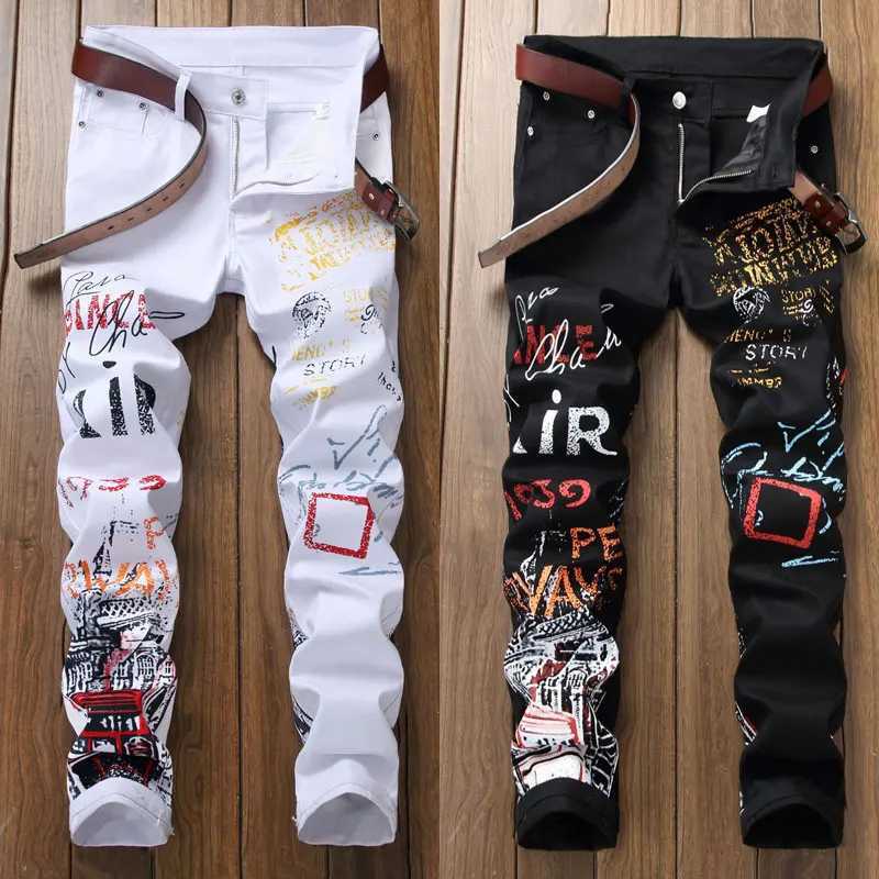 Men's Jeans High Street Fashion Mens Jeans Night Club Black White Color Personal Designer Printed Jeans Men Punk Pants Skinny Hip Hop JeansT261