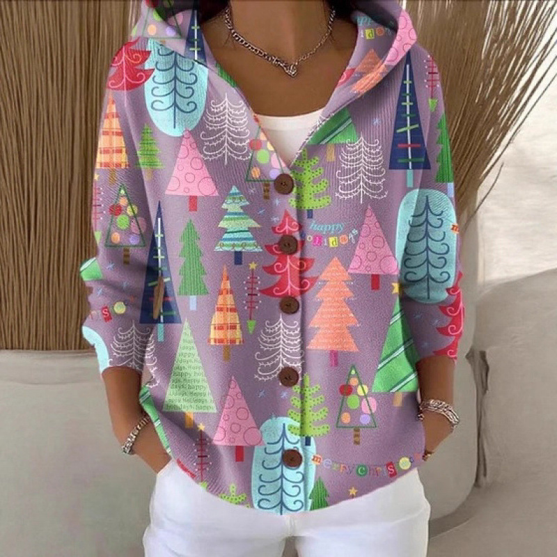 New Cross-Border V-Neck Buttoned Long-Sleeve Hooded Sweatshirt for Autumn Winter, Christmas Fashionable and Unique Women's Sweater Coat 2276