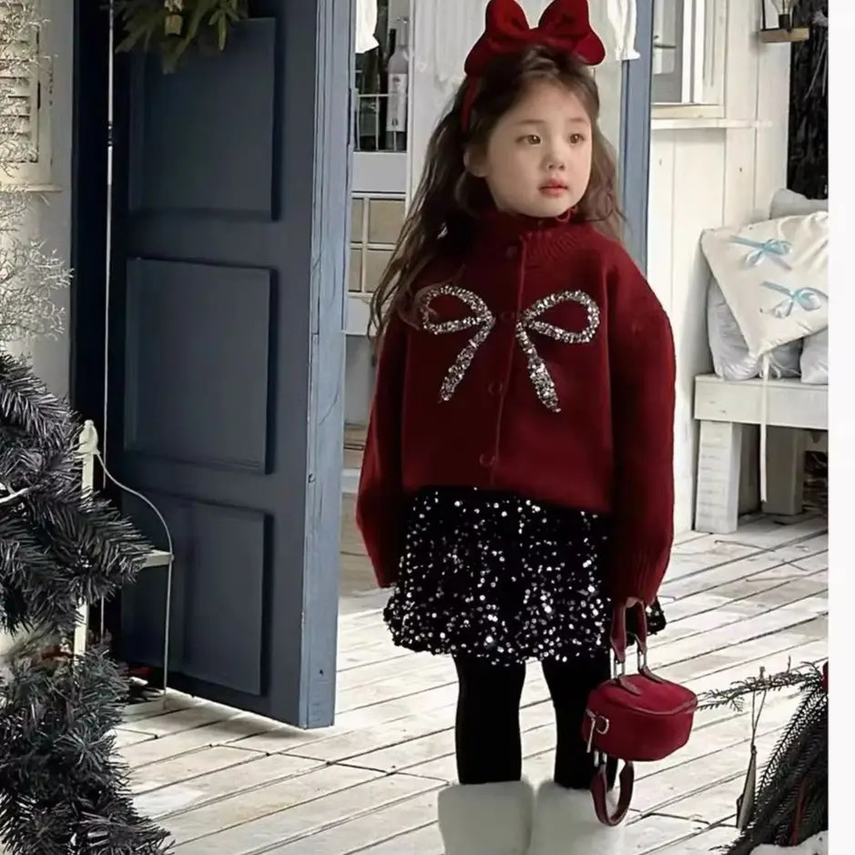 Kids Girls Cute SweaterShiny Skirt Fashion Set Delicate Princess Korean Long Sleeve Bows Knitting Cardigan Coat High Waist A-l 261015