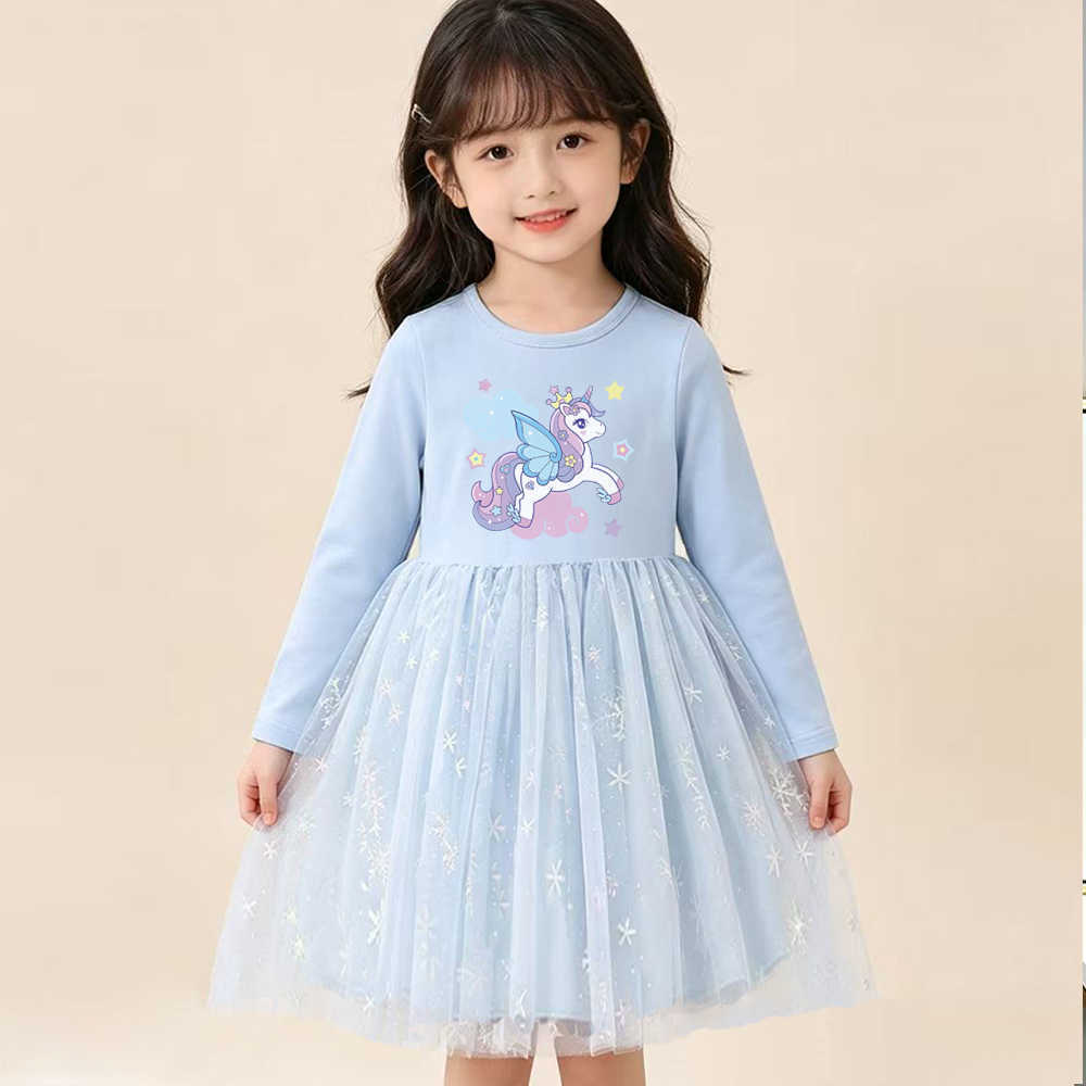 New Girls Long Sleeve Mesh Cartoon Unicorn Dress Kids Spring Autumn Long Sleeve Princess Dress Children Birthday Party Clothing S261016KGLN