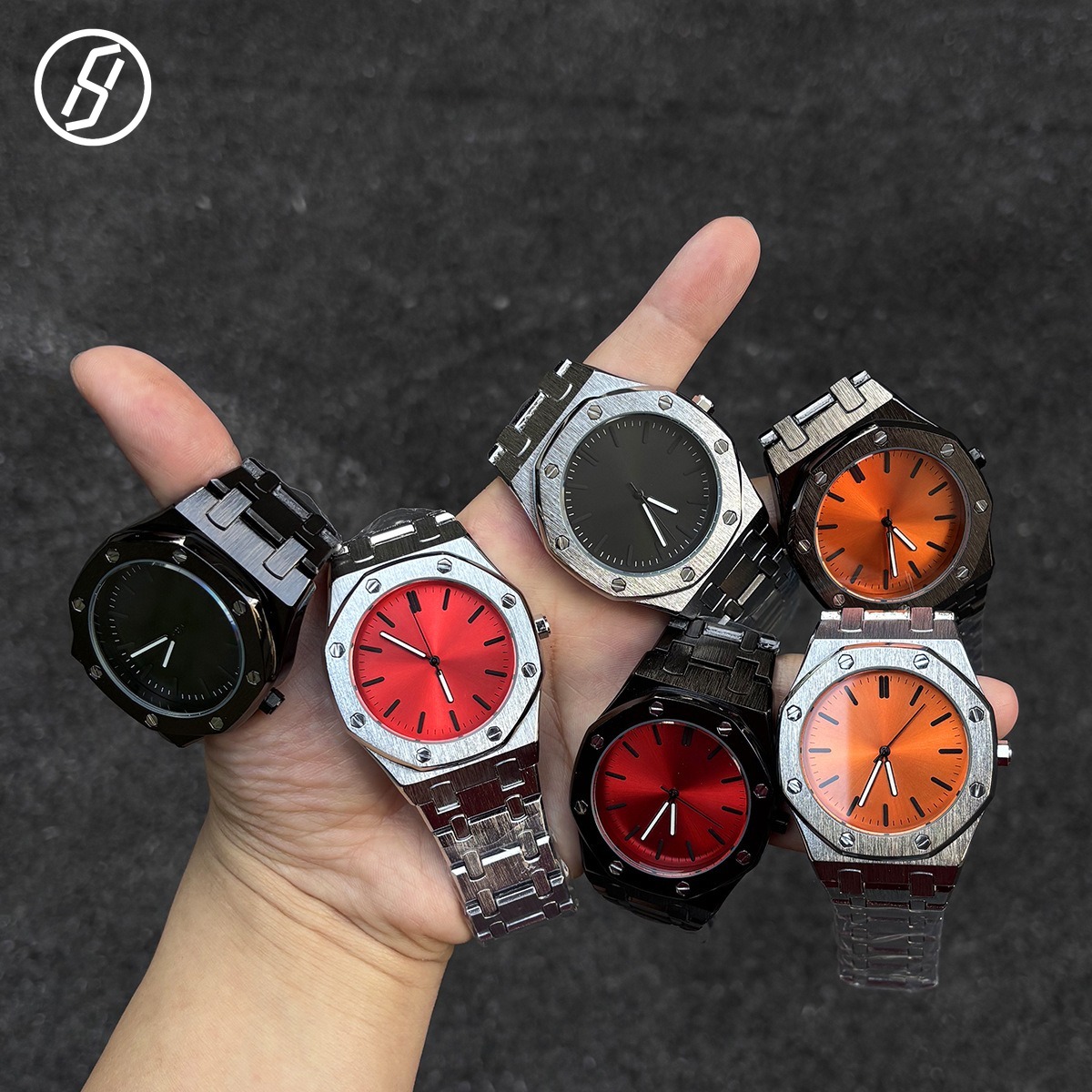 Luxury Streetwear Octagonal Screw Bezel Mens Quartz Watch Heavy Brushed Steel Integrated Bracelet Red Orange Dial 5ATM Waterproof