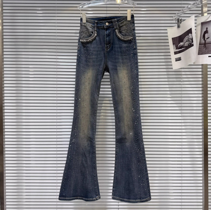 Designer 2026 Spring Luxury New Fashionable Hot Girl Starry Rhinestone Washed Gradient Slim Fit Flared Jeans