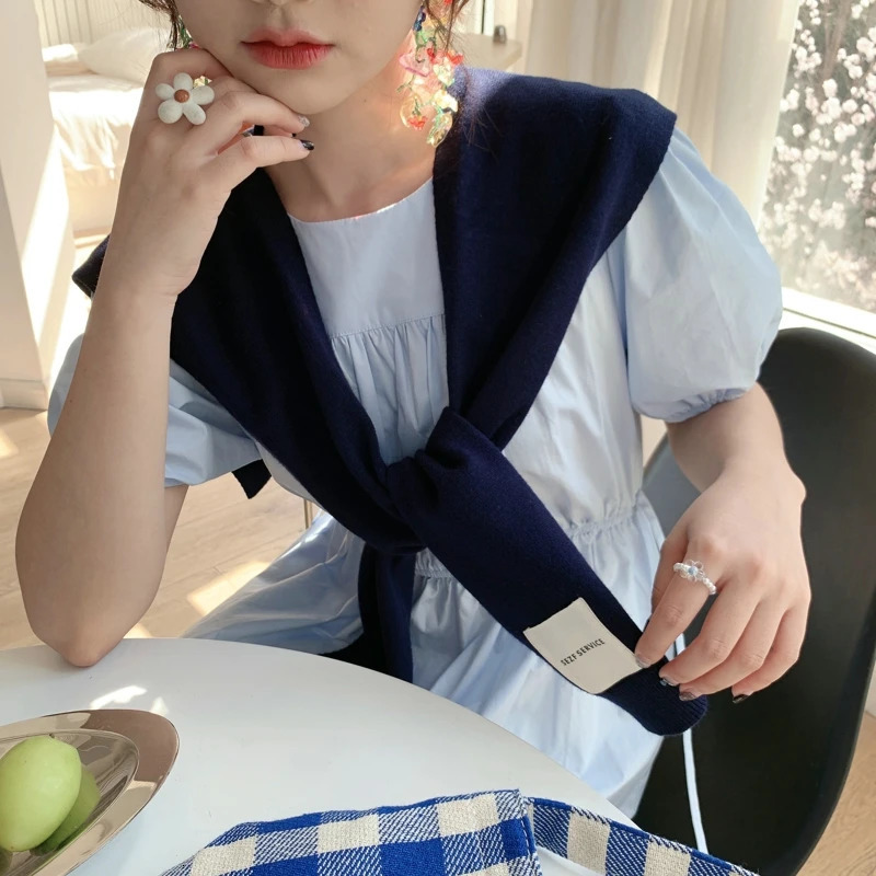 Korean Knit Shawl Autumn Winter Female Blouse Shoulders Collar Cape Knotted Scarf Solid Color Neck Guard Scarve For Women 261015