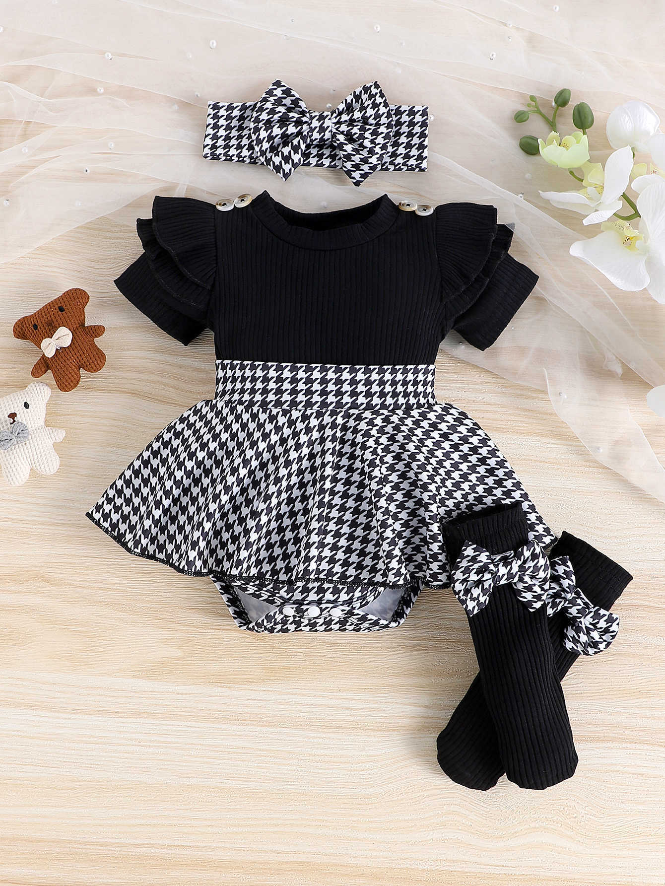 Summer 3PCS New Style Girls 0-1 Years Old Sweet and Lovely Short-Sleeved Houndstooth Dress S261016SZ7E