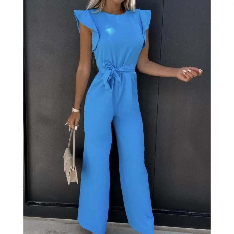 Jumpsuit with Lace Up High Waist Elegant Women's Solid Color Straight Tube Fashionable Ruffle Edge Sleeves Dating 261015