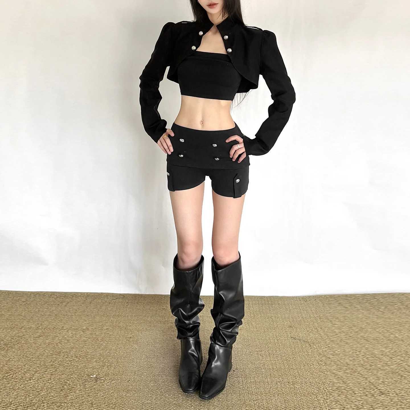 Summer Men's New Jackets 2026 Punk Streetwear Women Rivet Dark Outfit Low Waist Shorts Stylish Graphic Crop Top 2Pcs Set N261016