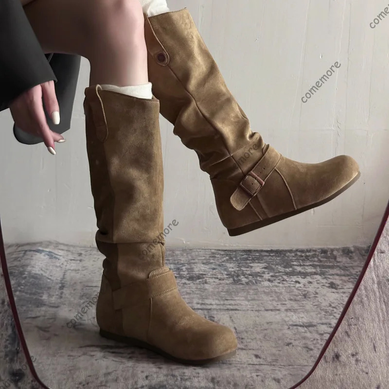 Comemore Women Knee High Boots Thick Bottom Belt Buckle Autumn Shoes Fashion Suede Slip on Flat Bottom Female Casual Long Botas 261016