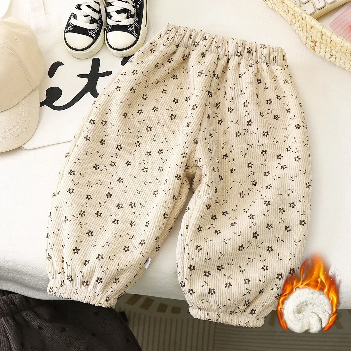 2026 Early Spring Fleece Lined Unisex Kids Pants Printed Toddler Boys Girls Trousers Retro Polka Dot Pattern Children's Clothes261016
