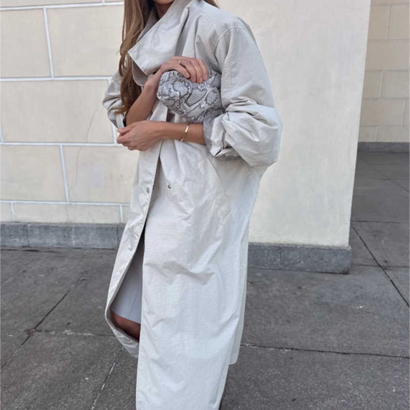 Women Solid Casual Long Trench Coat Lapel Collar Single Breasted Sleeve Loose Windbreaker 2026 Spring Autumn Streetwear 261014