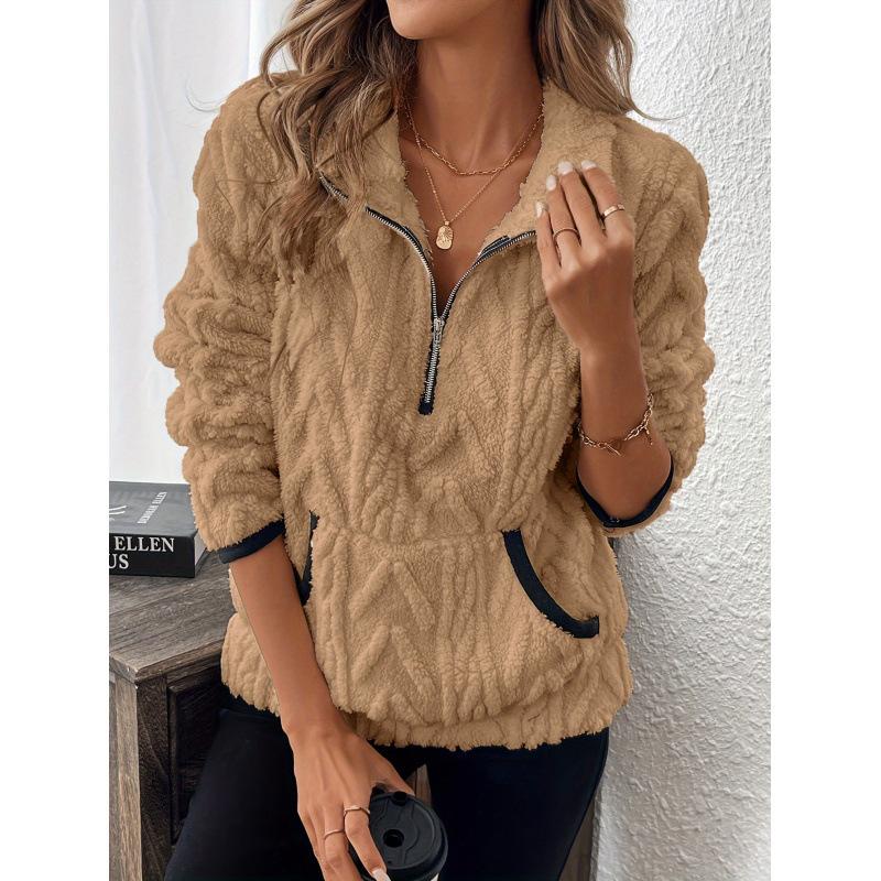 Sweat-shirt Jacquard demi-fermeture éclair, col à revers, poche polaire, pull court, coupe ample, manches longues, hauts d'automne et d'hiver pou