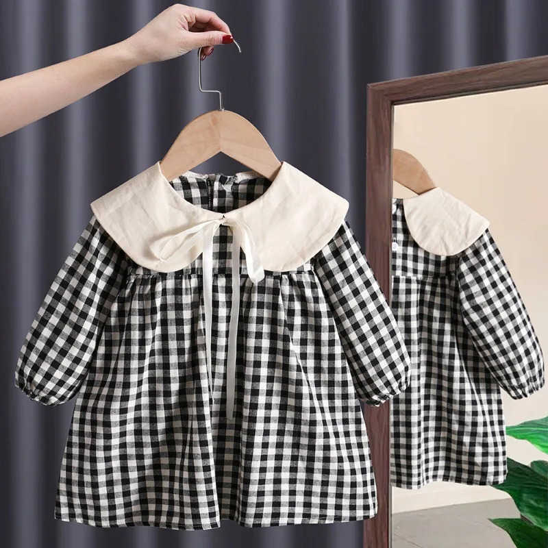 Autumn Spring toddler kids Girls' Clothes baby lattice Long sleeved Dresses costume for children Girls clothing Outfits dress S261016GKBH