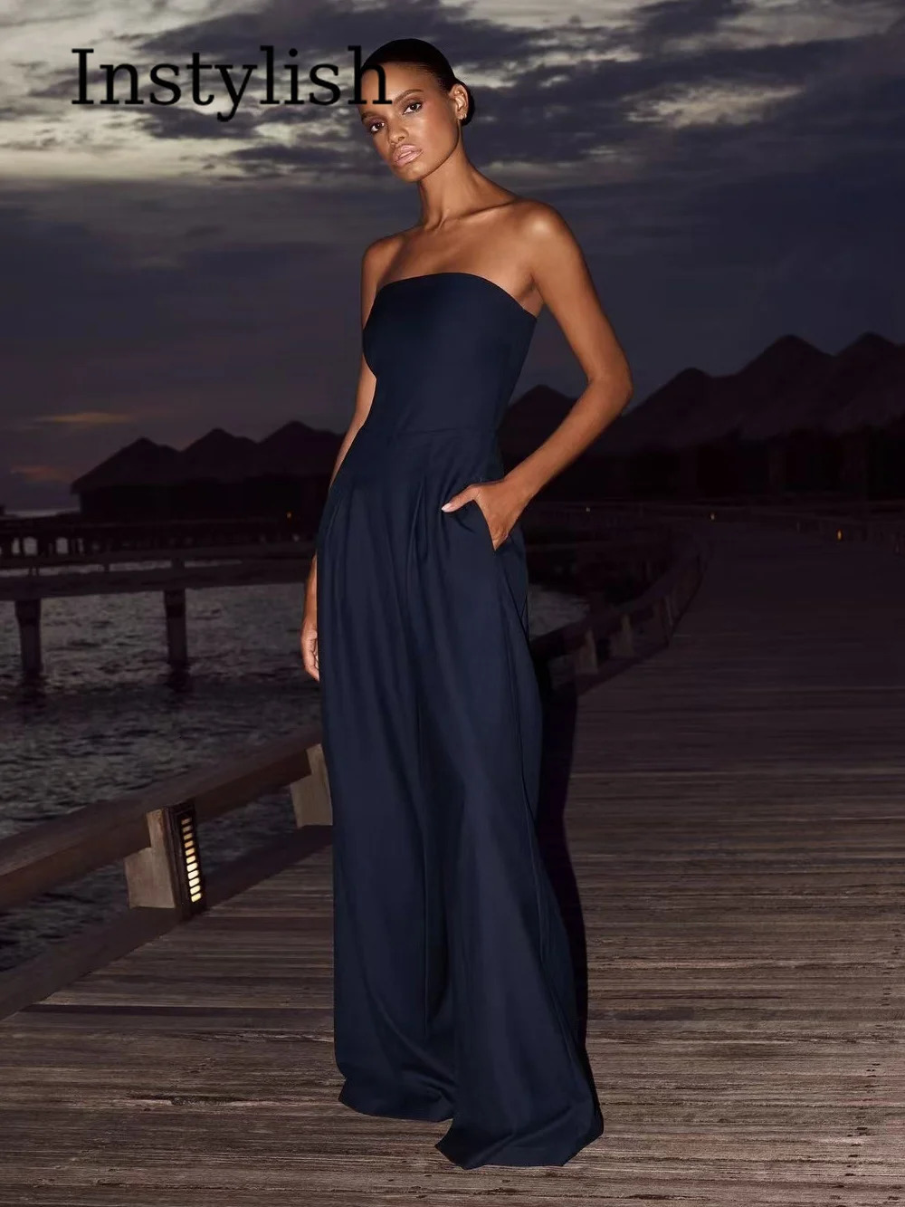 Women Navy Strapless Satin Jumpsuit Tube High Waist Wide Leg Pants Pockets Formal Evening Wedding Party Elegant Holiday Romper 261015