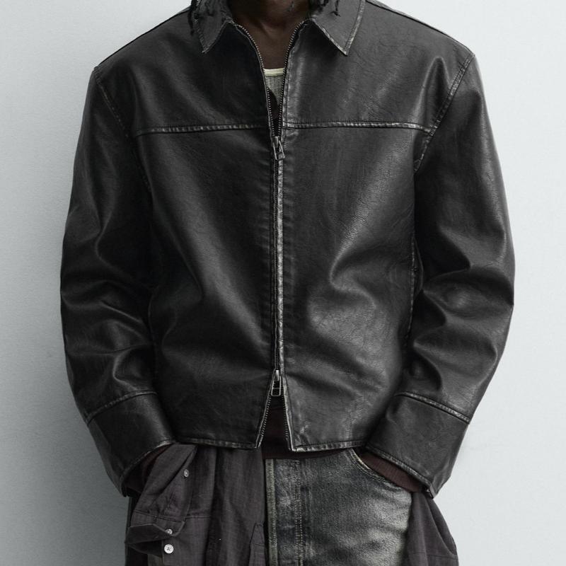 Veste en simili cuir vintage délavé pour hommes, revers rétro, manteau de motard en PU, streetwear noir, coupe régulière, fermeture éclair, vêtem