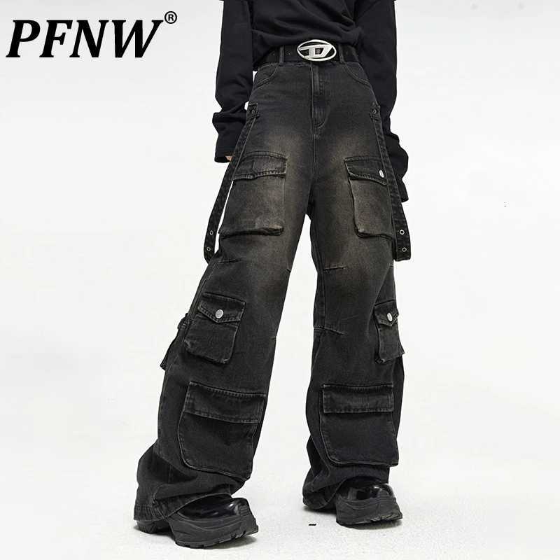 Men's Jeans PFNW Spring Men's American High Street Multi Pocket Wide Leg Jeans Loose Hip Hop Straight Techwear Denim Handsome Pants 12Z149