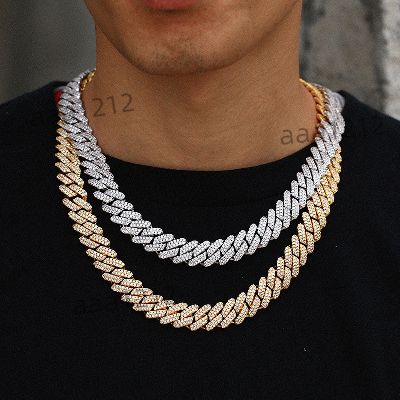 Hip Hop Cuban Link Chain 14mm Two Row Diamonds 925 Silver Iced Out D VVS Moissanite Diamond