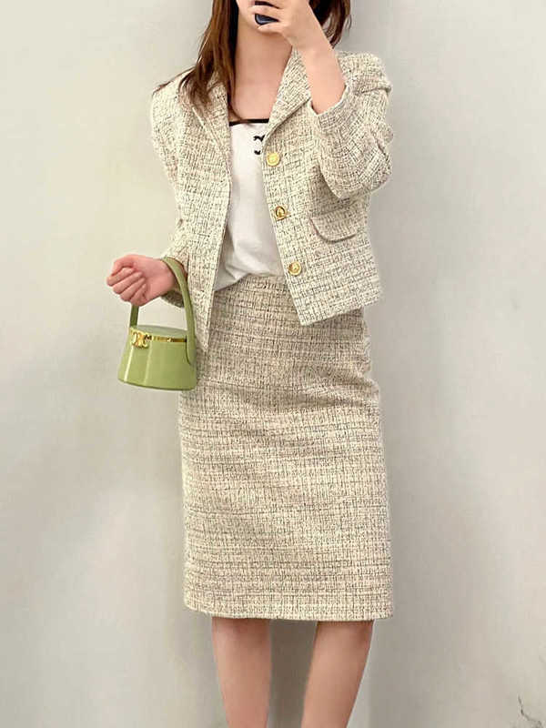 designer Women's Jackets spring new tweed-style suit with jacket and skirt, wool tweed knit two-piece set, exuding elegant and sophisticated fe