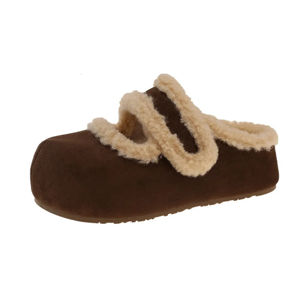 Comfortable Round Head Suede Warm Slippers Anti-slip Casual Plush Slippers Women Thick Bottom Soft Retro Winter Shoes Home 261016