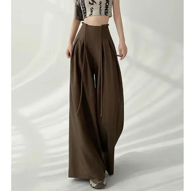 Streetwear Wide Leg Pant Korean Black High Waist Suit Summer Fashion Elegant Lace Up Straight Trousers 261015