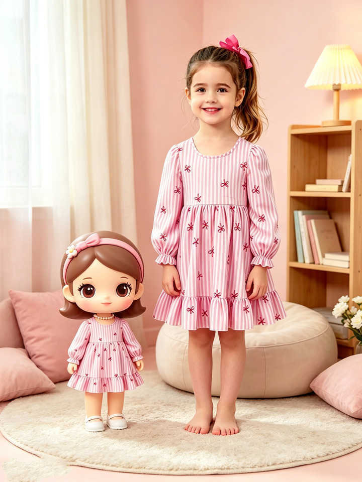 Casual Children's Long Sleeve Dress Striped Bow Printed round Neck Loose Mid-Length Skirt for Girls S261016PDNX