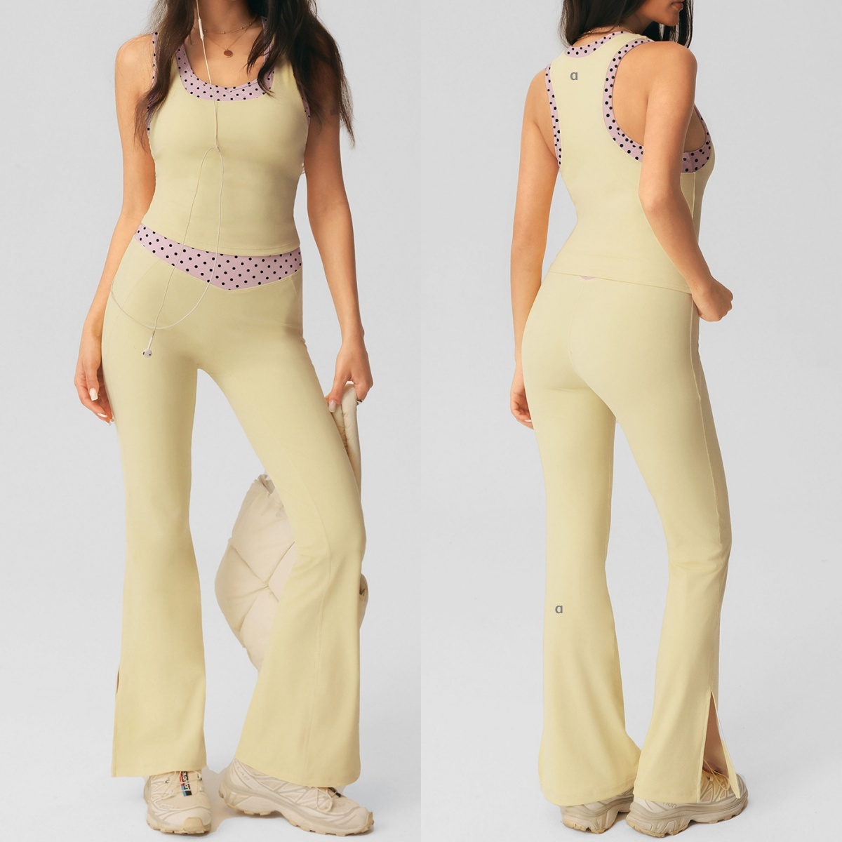 2986A Womens Polka Dot Yoga Vest with Contrasting Waist Cinch High-Waisted Polka Dot Slit Flare Pants Gym Clothes Women Yoga Outfit