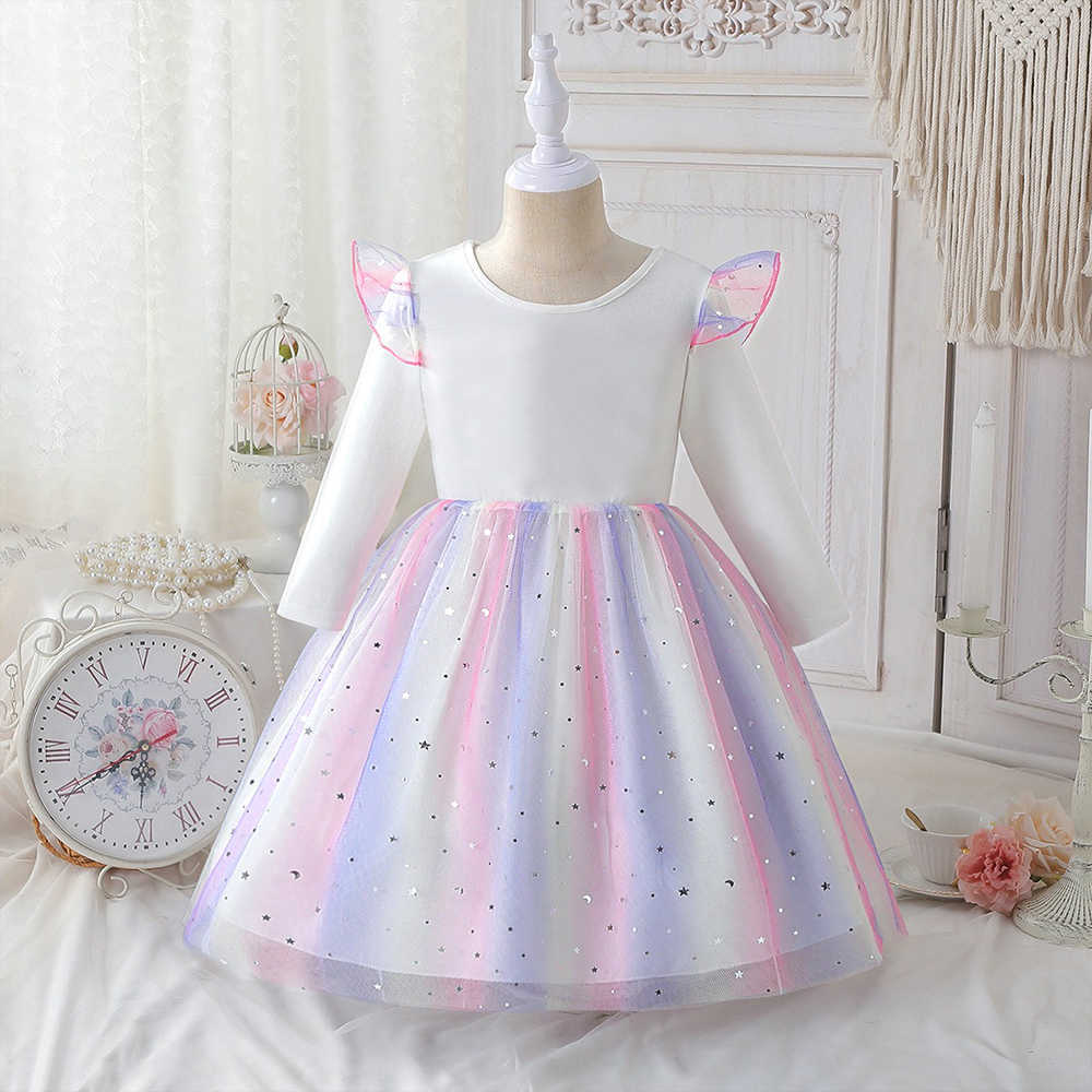 Clothes Kids Spring Autumn Long-sleeved Princess Dress Baby Girls Cute Dress for Children Birthday Party Dress Rainbow 2-8Y S261016ZSPZ
