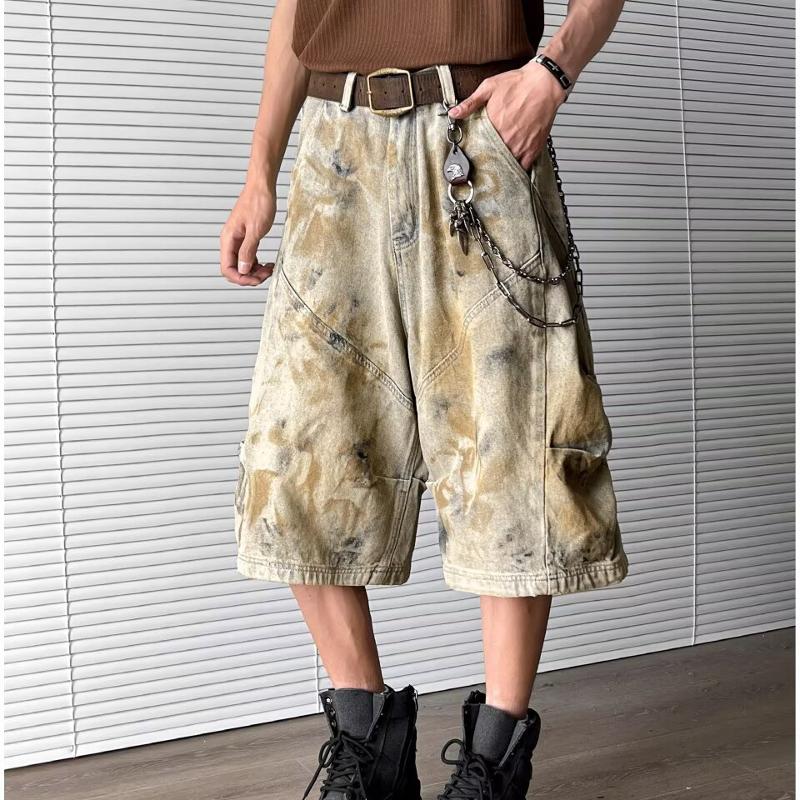 Pantalones cortos de mezclilla desgastados lavados retro americanos para hombres Ropa de calle de verano Pantalones capri de pierna ancha casuales s
