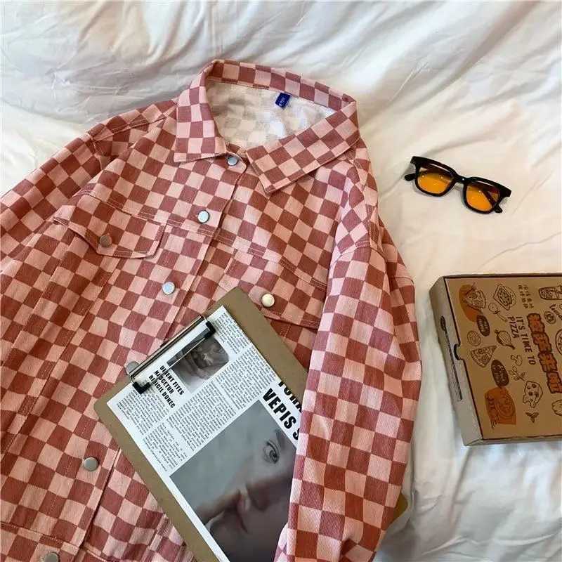 Pink Men's Jackets American Checkerboard Jacket Trendy Hip-hop Street Overalls Japanese Style 2025 New Fashion Retro Jacket Aesthetic Urban N26