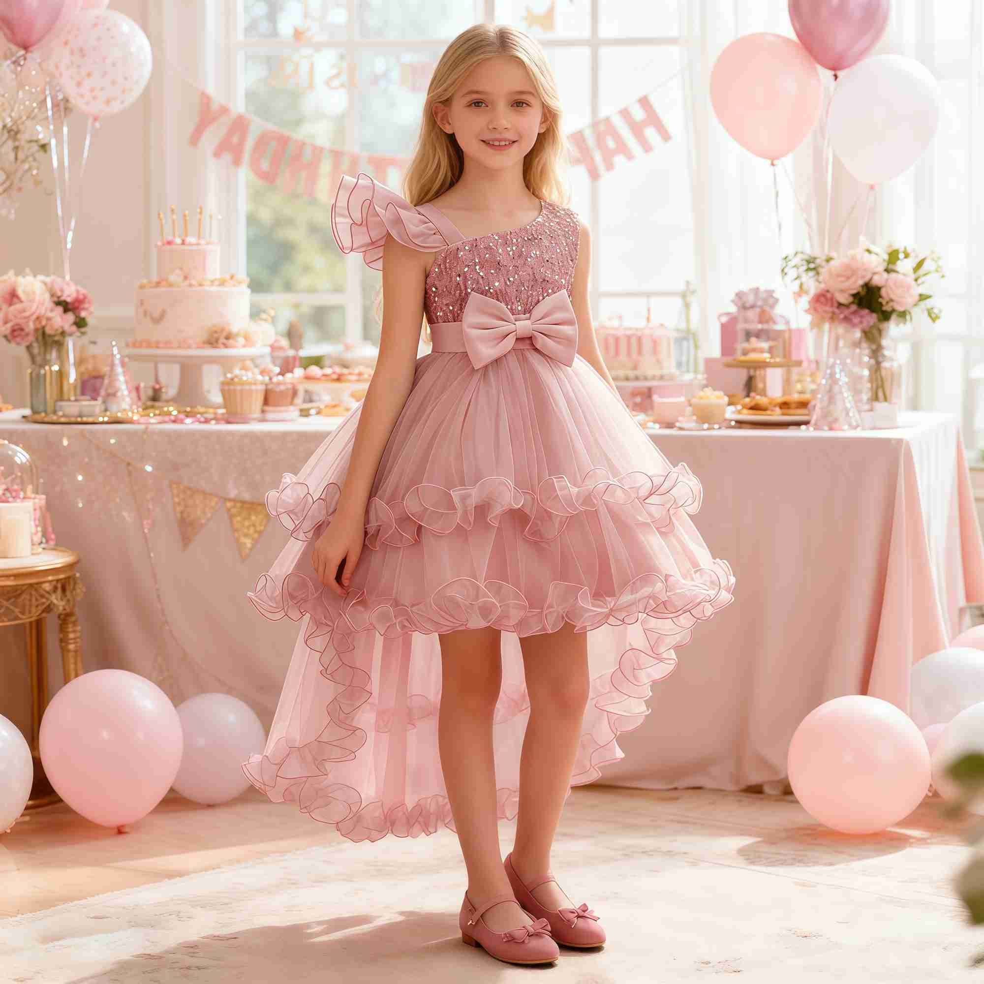 Sequin Fashion Birthday Party Girls Dress Elegant Flower Wedding Prom Princess Dresses for Girl Bow Bridesmaids Evening Costumes S261016DUP3