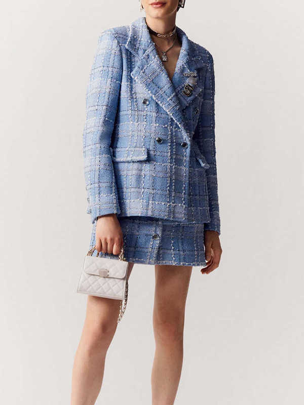 designer Women's Jackets Elegant tweed suit set for women, featuring mid-length blue blazer and skirt, with high-quality, chic tweed top