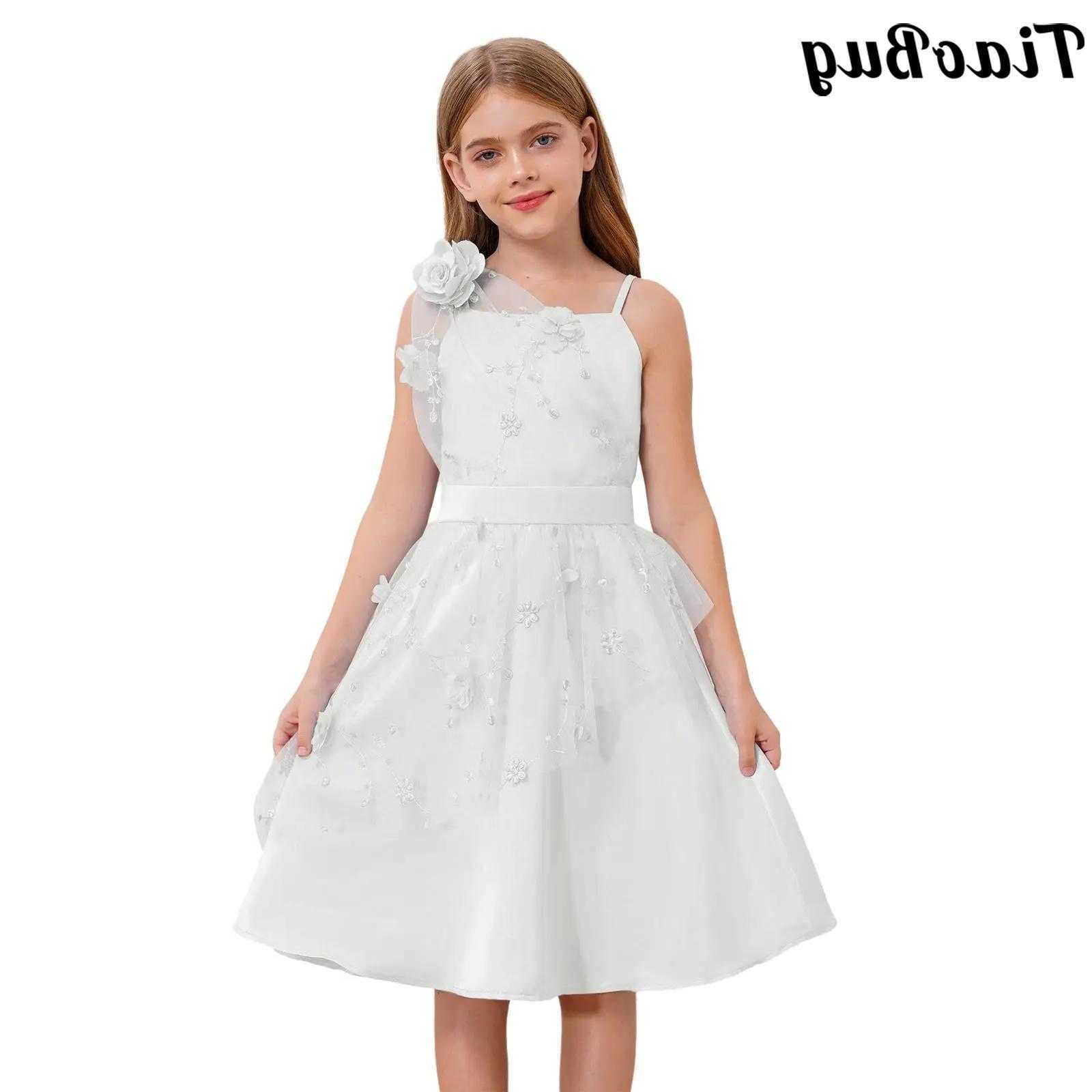 Flower Elegant Girls Party Dress Spaghetti Strap Floral Embroidered Tulle Dresses Banquet Pageant Wedding Birthday Prom Gown S261016V4CT