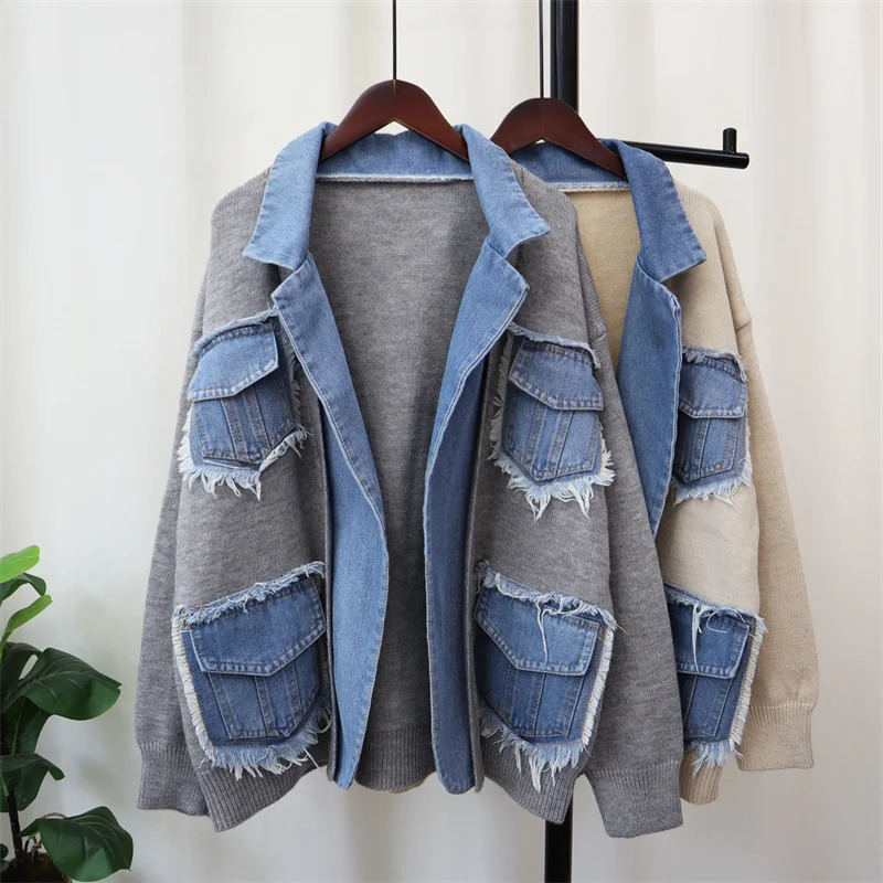 Fashion Denim Stitching Knitted Cardigan Jacket Women's Loose Thicken Sweater Coat Autumn Winter Lady Casual Jean Outerwear 261015